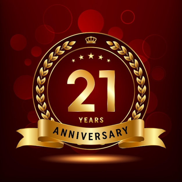 Diseño del logotipo de la celebración del 21 aniversario con corona de laurel y plantilla de vector de logotipo de cinta dorada