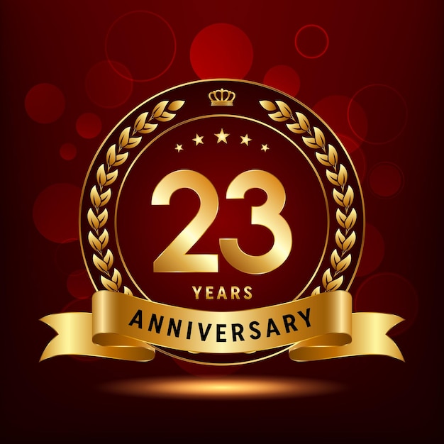 Diseño del logotipo de la celebración del 23 aniversario con corona de laurel y plantilla de vector de logotipo de cinta dorada