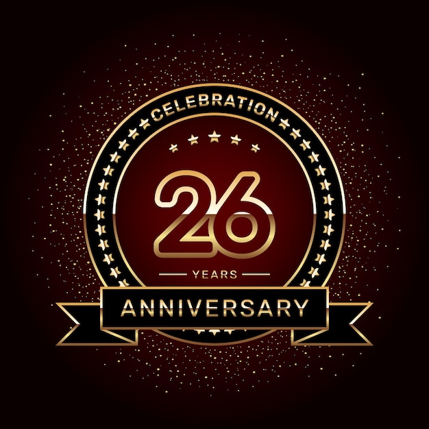 Diseño del logotipo de la celebración del 26 aniversario con un anillo dorado y una plantilla vectorial de cinta
