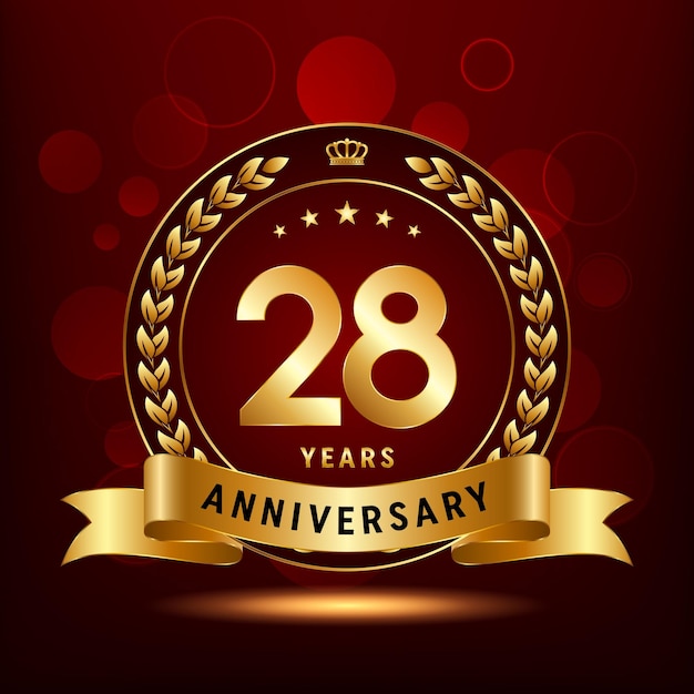 Diseño del logotipo de la celebración del 28 aniversario con corona de laurel y plantilla de vector de logotipo de cinta dorada