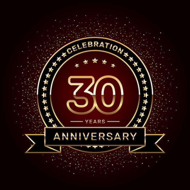 Diseño del logotipo de la celebración del 30 aniversario con un anillo dorado y una plantilla vectorial de cinta