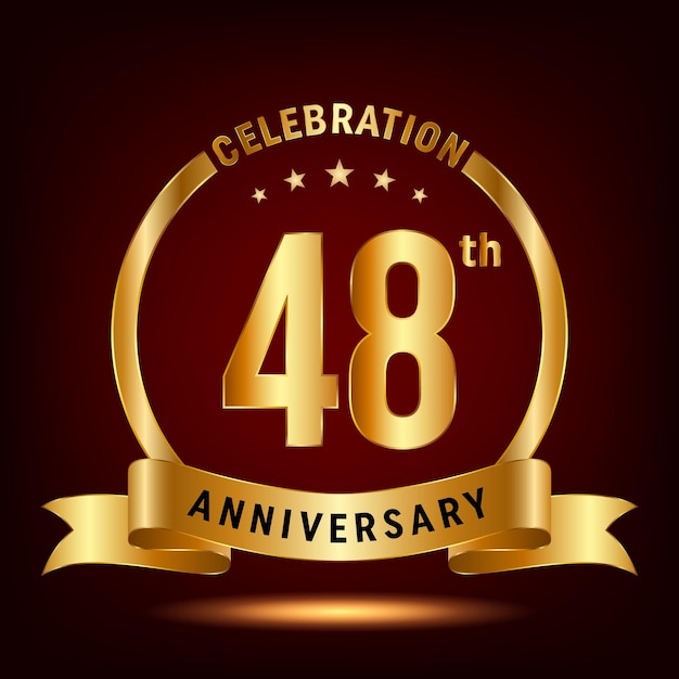Diseño del logotipo de la celebración del 48 aniversario con anillo y cinta dorada Logo Vector Template