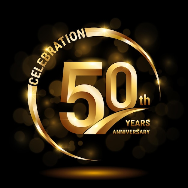 Diseño del logotipo de celebración del 50 aniversario con anillo de oro y plantilla de vector de logotipo de número dorado