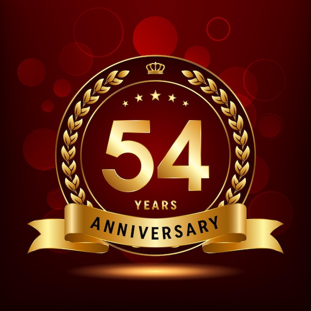 Diseño del logotipo de la celebración del 54 aniversario con corona de laurel y plantilla de vector de logotipo de cinta dorada