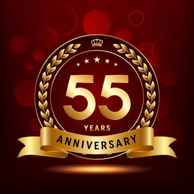 Diseño del logotipo de la celebración del 55 aniversario con corona de laurel y plantilla de vector de logotipo de cinta dorada