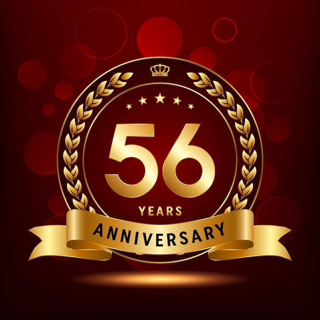 Diseño del logotipo de la celebración del 56 aniversario con corona de laurel y plantilla de vector de logotipo de cinta dorada