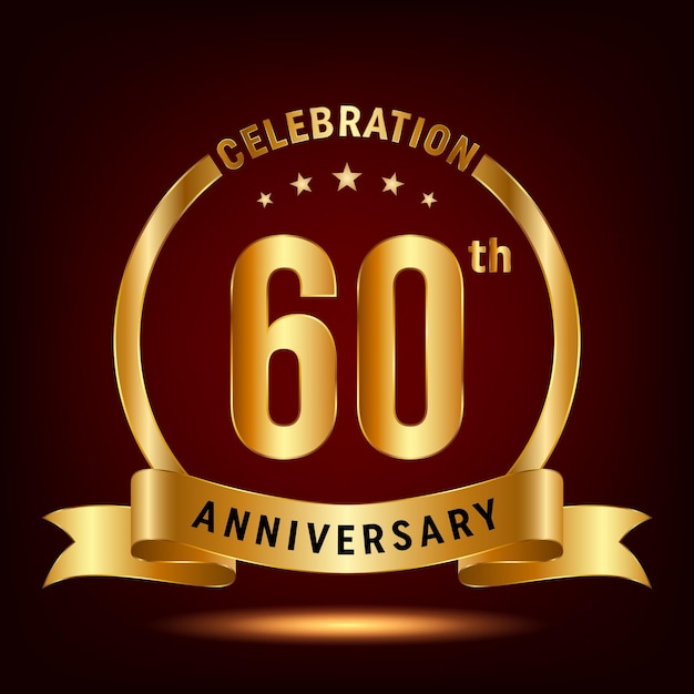 Diseño del logotipo de la celebración del 60 aniversario con anillo y cinta dorada Logo Vector Template