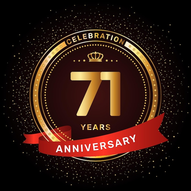 Diseño del logotipo de la celebración del 71 aniversario con un anillo dorado y una plantilla vectorial de concepto de cinta roja