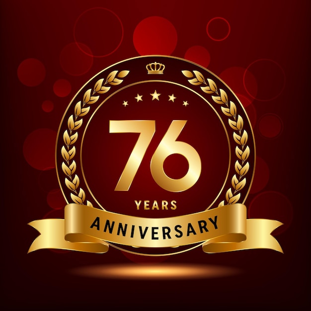 Diseño del logotipo de la celebración del 76 aniversario con corona de laurel y plantilla de vector de logotipo de cinta dorada