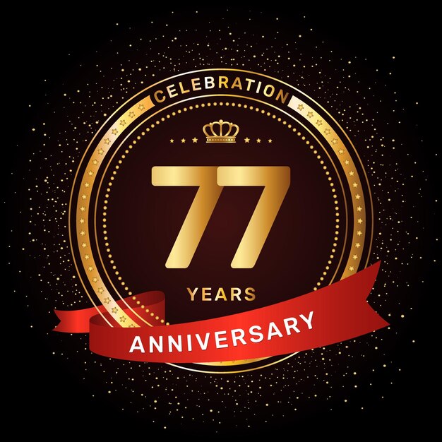 Diseño del logotipo de la celebración del 77 aniversario con un anillo dorado y una plantilla vectorial de concepto de cinta roja