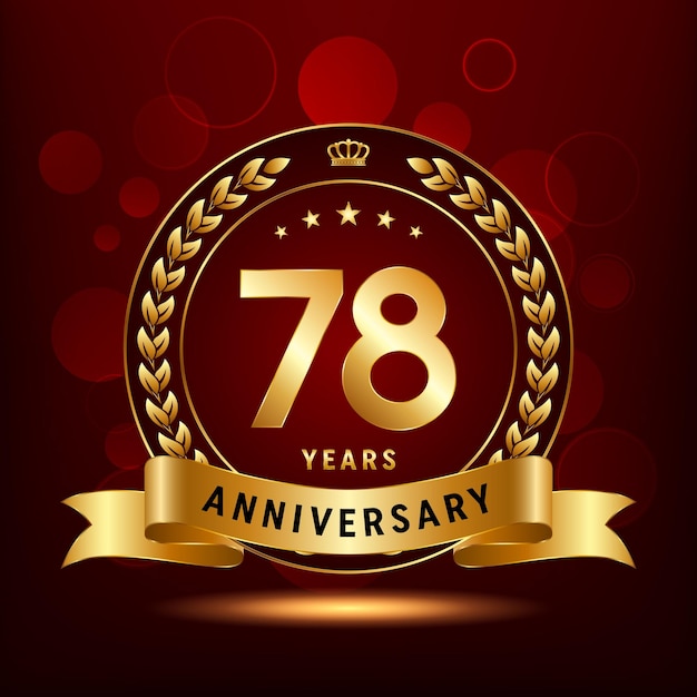 Diseño del logotipo de la celebración del 78.º aniversario con corona de laurel y plantilla de vector de logotipo de cinta dorada
