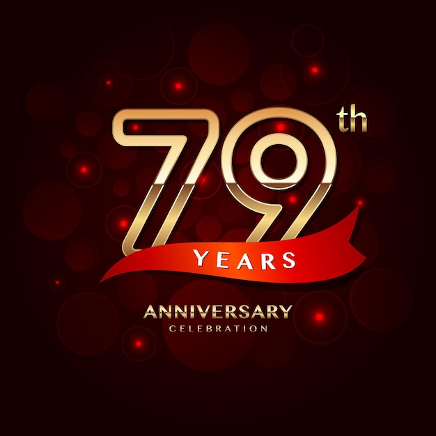Diseño del logotipo de la celebración del 79.º aniversario con un número dorado y una plantilla vectorial de cinta roja