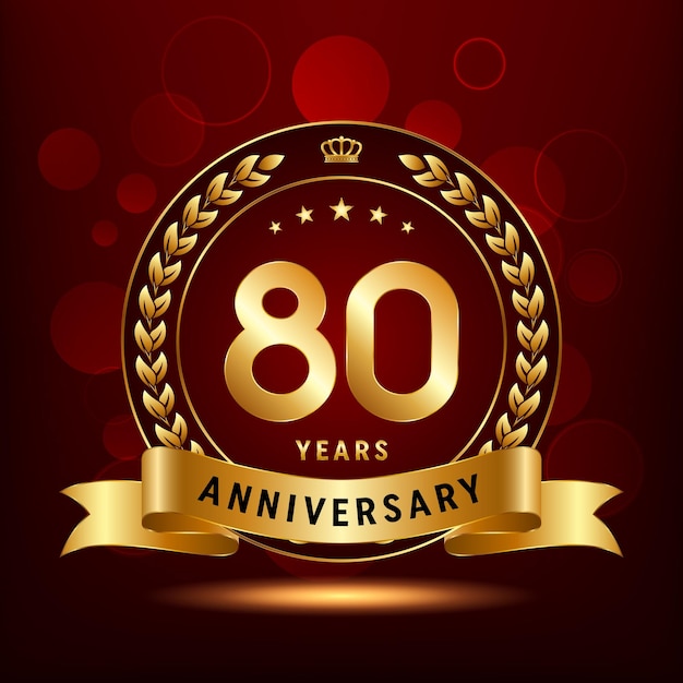 Diseño del logotipo de la celebración del 80 aniversario con corona de laurel y plantilla de vector de logotipo de cinta dorada