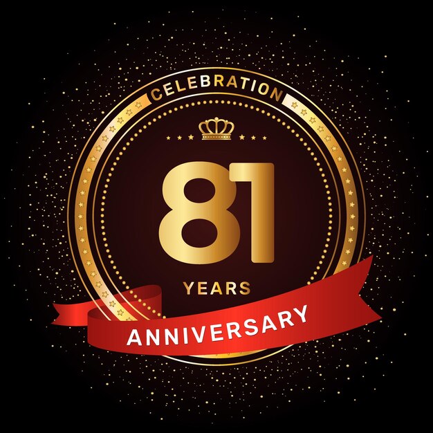 Diseño del logotipo de la celebración del 81 aniversario con un anillo dorado y una plantilla vectorial de concepto de cinta roja