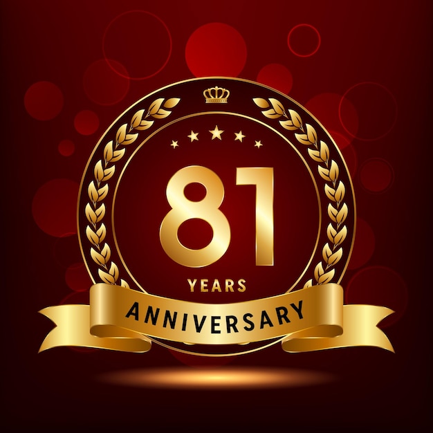 Diseño del logotipo de la celebración del 81 aniversario con corona de laurel y plantilla de vector de logotipo de cinta dorada