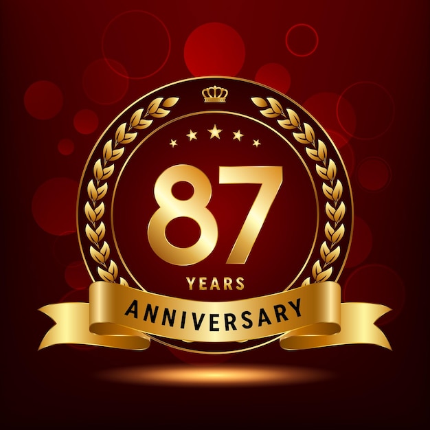 Diseño del logotipo de celebración del 87 aniversario con corona de laurel y plantilla de vector de logotipo de cinta dorada