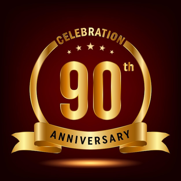 Diseño del logotipo de la celebración del 90 aniversario con anillo y cinta dorada Logo Vector Template