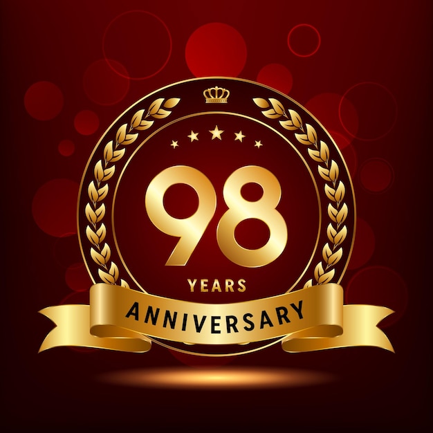 Diseño del logotipo de la celebración del 98 aniversario con corona de laurel y plantilla de vector de logotipo de cinta dorada