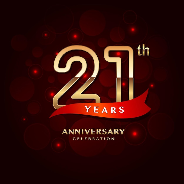 Diseño de logotipo de celebración de aniversario de 21 años con un número dorado y una plantilla de vector de cinta roja
