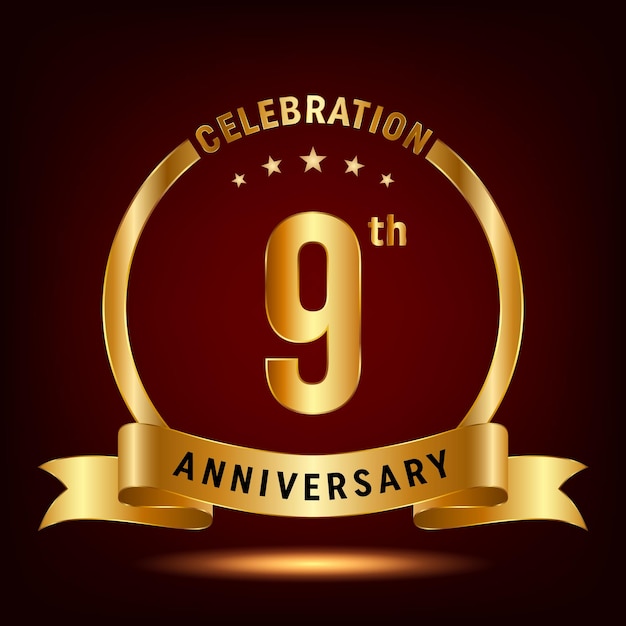 Diseño del logotipo de la celebración del noveno aniversario con anillo y cinta dorada Logo Vector Template