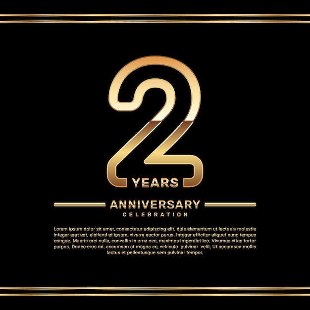 Diseño del logotipo de la celebración del segundo aniversario con números de doble línea en color dorado
