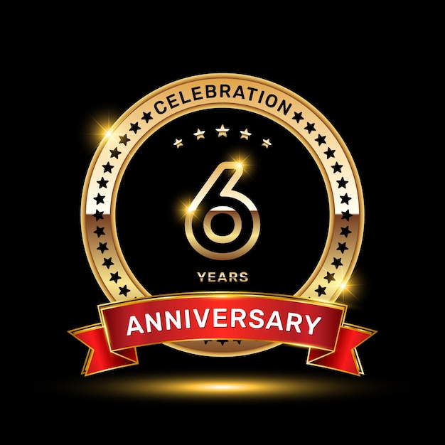 Diseño del logotipo de celebración del sexto aniversario con estilo de emblema de color dorado y cinta roja