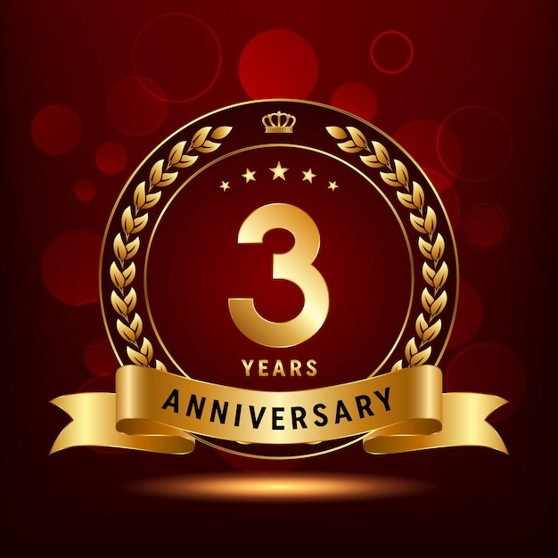 Diseño del logotipo de la celebración del tercer aniversario con corona de laurel y plantilla de vector de logotipo de cinta dorada