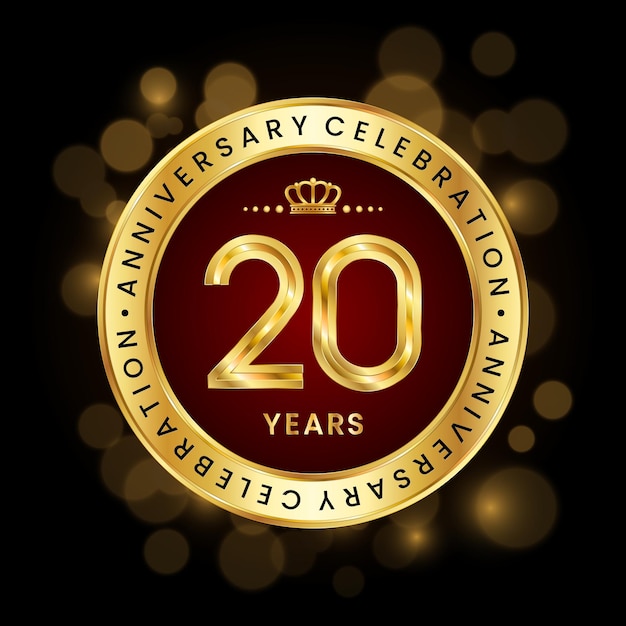 Diseño del logotipo de la celebración del vigésimo aniversario con estilo de emblema dorado Plantilla de vector de logotipo