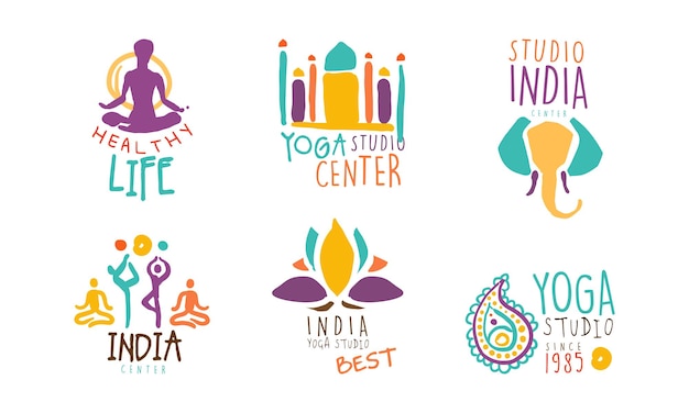 El diseño del logotipo del centro de yoga de la India, el conjunto de deportes, la clase de meditación, el estudio de spa, los emblemas, la ilustración vectorial dibujada a mano.