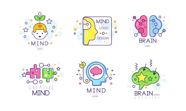 Diseño de logotipo de cerebro y mente creativa con cabeza de hombre y conjunto vectorial de rompecabezas