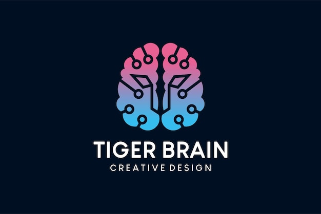 Diseño de logotipo de cerebro de tecnología digital con concepto de cabeza de tigre