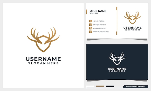 diseño de logotipo de ciervo salvaje con estilo de arte lineal y concepto de escudo y plantilla de tarjeta de visita