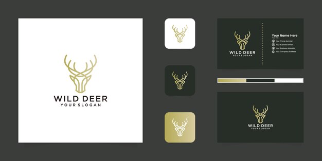 diseño de logotipo de ciervo salvaje con logotipo de estilo de arte lineal y tarjeta de visita