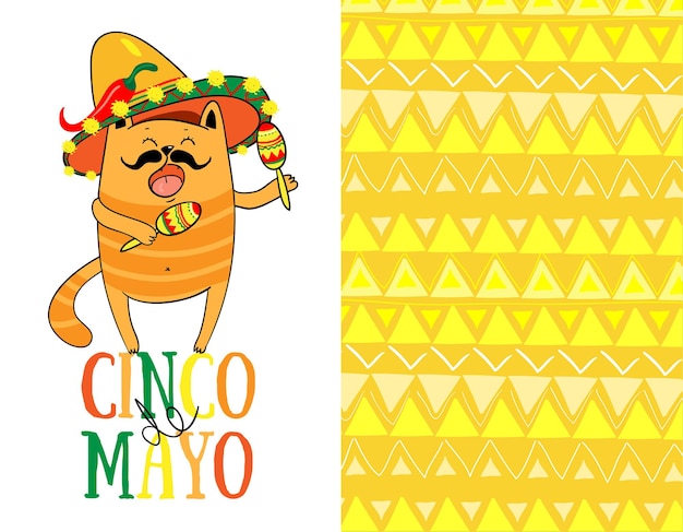 Diseño del logotipo cinco de mayo con letras y personaje de gato mexicano con sombrero ilustración vectorial eps 10