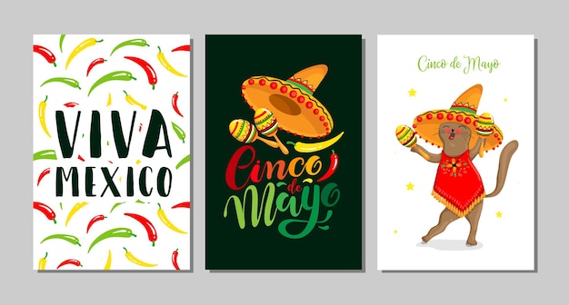 Diseño del logotipo Cinco de Mayo con letras y personaje de gato mexicano con sombrero Ilustración vectorial EPS 10