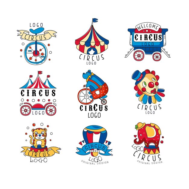 Vector diseño del logotipo del circo conjunto de emblemas coloridos para el parque de atracciones fiesta festival plantilla creativa de carteles de flyear portada pancarta invitación vector dibujada a mano ilustraciones aisladas en un fondo blanco