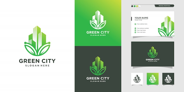 Diseño de logotipo de la ciudad verde y tarjeta de visita, icono, salud, lugar, edificio,