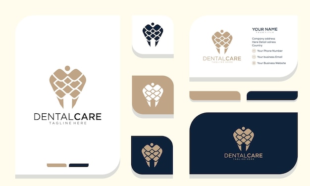 Diseño de logotipo de clínica de atención de odontología con logotipo dental abstracto de línea geométrica y tarjeta de visita