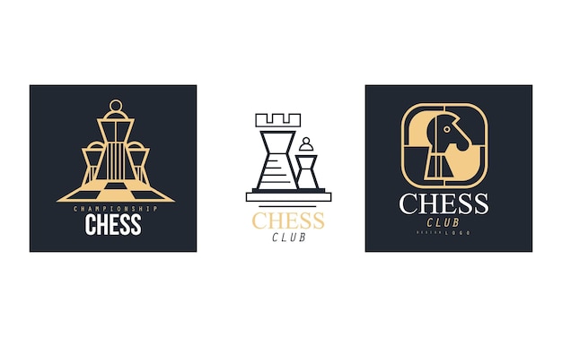 Diseño del logotipo del club de ajedrez Set Retro Insignias clásicas Emblema del Campeonato de Torneo de Ajedrez Ilustración vectorial