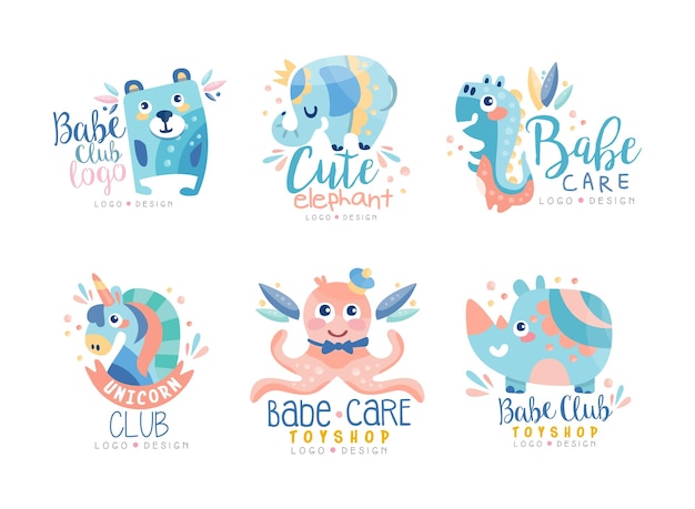 Diseño del logotipo del club de animales bebé o de la tienda con un conjunto vectorial de mamíferos lindos