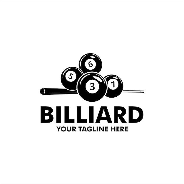 Diseño del logotipo del club de billar, juego vectorial, insignia, plantilla deportiva, mesa de billar con pelota y palo, plantilla de ilustración simple.