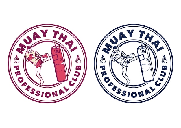 Diseño de logotipo club profesional de muay thai con hombre artista marcial muay thai pateando saco de boxeo ilustración vintage