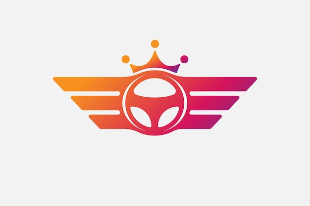 Diseño de logotipo de coche de vector. combinación de dirección y alas con el símbolo o icono de la corona. Plantilla única de diseño de logotipo de timón