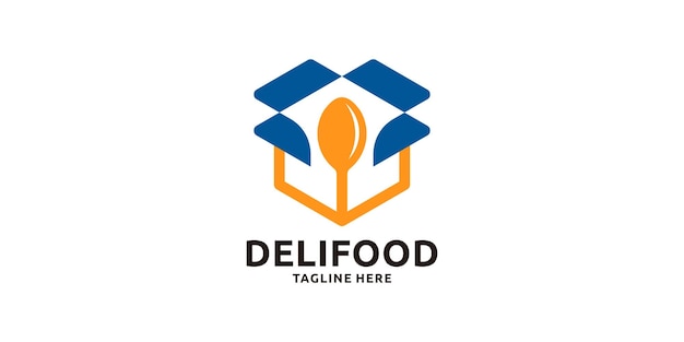 diseño de logotipo combinación de caja y cuchara horquilla entrega de paquetes de alimentos orden