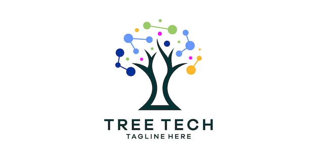 diseño del logotipo combinación de forma de árbol con conexión tecnológica