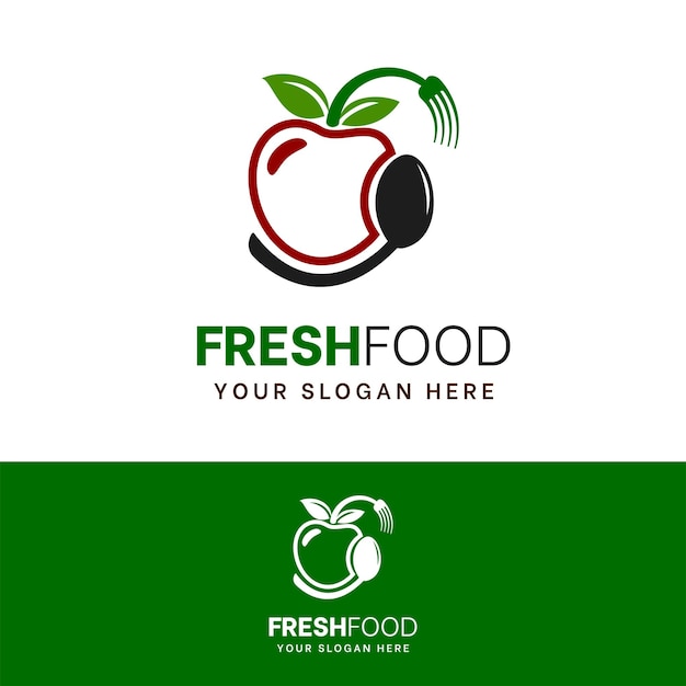 Diseño de logotipo de comida fresca con cuchara y tenedor e icono de tomate aislado