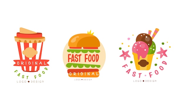 Diseño de logotipo de comida rápida Conjunto de comida para llevar Café Hamburguesa Helado Ilustración vectorial de dibujos animados