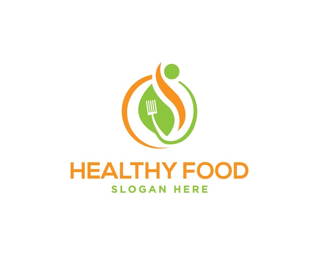 Diseño de logotipo de comida saludable humano con hojas verdes ilustración de icono vectorial