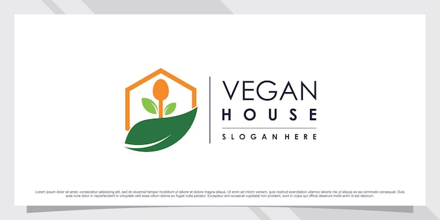 Diseño de logotipo de comida vegetariana con icono de casa y elemento creativo Vector Premium