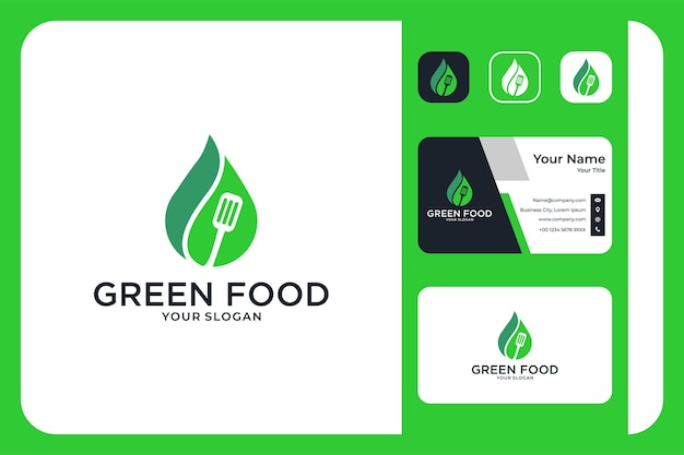 Diseño de logotipo de comida verde y tarjeta de visita.